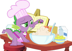 Size: 5000x3555 | Tagged: safe, artist:dashiesparkle, character:spike, species:dragon, episode:just for sidekicks, g4, my little pony: friendship is magic, absurd resolution, batter, book, bowl, chef's hat, clothing, cookbook, egg (food), food, gem, hat, high res, jewel cake, lemon, male, milk, simple background, singing, solo, transparent background, vector