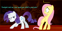 Size: 2560x1280 | Tagged: safe, artist:slb94, character:fluttershy, character:rarity, species:pony, implied flarity, implied lesbian, implied shipping, plot, presenting, shocked