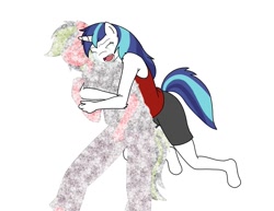 Size: 1244x958 | Tagged: safe, artist:linedraweer, character:shining armor, oc, species:anthro, species:pony, species:unguligrade anthro, species:unicorn, anthro oc, canon x oc, commission, crying, fading, gleaming shield, hug, hug from behind, rule 63