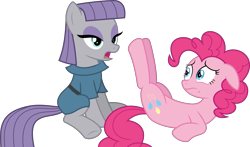 Size: 10851x6400 | Tagged: safe, artist:parclytaxel, character:maud pie, character:pinkie pie, species:earth pony, species:pony, episode:rock solid friendship, g4, my little pony: friendship is magic, .svg available, absurd resolution, female, frown, legs in air, mare, simple background, sitting, transparent background, vector