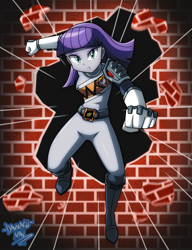 Size: 2306x3000 | Tagged: safe, artist:danmakuman, character:maud pie, my little pony:equestria girls, action pose, action shot, brick wall, clothing, commission, crossover, dino charge, female, graphite ranger, kyoryu gray, kyoryuger, looking at you, power rangers, power rangers dino charge, punch, saban, signature, solo, speed lines, super sentai, zyuden sentai kyoryuger