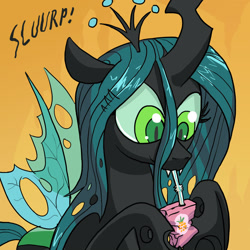 Size: 1600x1600 | Tagged: safe, artist:docwario, character:queen chrysalis, species:changeling, changeling queen, cute, cutealis, drinking, female, hoof hold, juice box, smiling, solo, straw