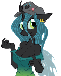 Size: 4800x6000 | Tagged: safe, artist:internationaltck, artist:trollie trollenberg, character:queen chrysalis, species:anthro, species:changeling, absurd resolution, adorasexy, breasts, busty queen chrysalis, changeling queen, cleavage, clothing, cute, cutealis, ear piercing, earring, fangs, female, hat, jewelry, looking at you, piercing, sexy, simple background, smiling, solo, stupid sexy chrysalis, transparent background, vector