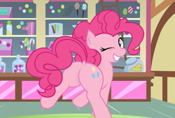 Size: 1594x1076 | Tagged: safe, artist:darkpandax, artist:slb94, character:pinkie pie, species:pony, balloonbutt, dock, looking back, one eye closed, plot, show accurate, sugarcube corner, wink