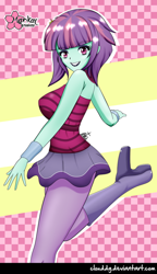 Size: 574x1000 | Tagged: safe, artist:clouddg, character:sunny flare, equestria girls:dance magic, g4, my little pony: equestria girls, my little pony:equestria girls, spoiler:eqg specials, breasts, busty sunny flare, clothing, looking at you, raised leg, signature