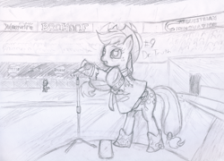 Size: 804x579 | Tagged: safe, artist:frist44, character:applejack, character:spike, species:dragon, species:earth pony, species:pony, boots, clothing, crossover, dr. peace, duo, female, male, mare, microphone, monochrome, no more heroes, rearing, shoes