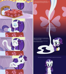 Size: 8256x9216 | Tagged: safe, artist:parclytaxel, part of a set, character:rarity, species:pony, species:unicorn, .svg available, absurd resolution, ain't never had friends like us, armband, ask, ask generous genie rarity, bed, bedroom, blinds, bottle, carousel boutique, comic, eyes closed, female, genie, genie pony, geniefied, leg brace, looking at you, looking back, mare, night, open mouth, part of a series, prone, smiling, solo, stars, tumblr, vector, veil, window