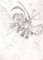 Size: 588x815 | Tagged: safe, artist:frist44, character:twilight sparkle, species:pony, species:unicorn, clothing, crossover, female, mare, monochrome, no more heroes, shinobu, socks, solo, sword, weapon