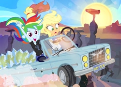 Size: 900x648 | Tagged: safe, artist:pixelkitties, character:applejack, character:rainbow dash, species:human, species:phoenix, my little pony:equestria girls, 8 ball, ashleigh ball, canyon, car, clothing, convertible, cowboy hat, desert, duo, female, grand canyon, hat, hey ocean, hey ocean!, license plate, logo, map, parody, pixelkitties' brilliant autograph media artwork, road trip, steering wheel, stetson, symbol, thelma and louise, this will not end well