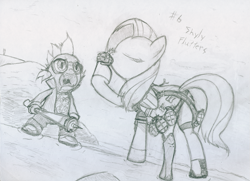 Size: 801x580 | Tagged: safe, artist:frist44, character:fluttershy, character:spike, species:dragon, species:pegasus, species:pony, crossover, duo, female, grenade, holly summers, male, mare, monochrome, no more heroes, travis touchdown, weapon