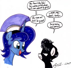 Size: 1350x1278 | Tagged: safe, artist:newyorkx3, character:princess luna, oc, oc:tommy junior, species:pony, artemabetes, colt, cute, dialogue, duo, looking at each other, male, prince artemis, rule 63, rule63betes, simple background, smiling, speech bubble, stallion, traditional art, white background