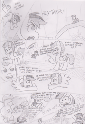 Size: 1195x1751 | Tagged: safe, artist:threetwotwo32232, character:lightning dust, character:rainbow dash, newbie artist training grounds, ball of violence, comic, fight, flying, monochrome, parody, pencil drawing, sonic adventure 2, text, traditional art, walkie talkie