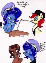 Size: 1269x1732 | Tagged: safe, artist:newyorkx3, character:princess luna, oc, species:pony, annoyed, apron, artemabetes, clothing, cute, female, grin, hat, helmet, innuendo, male, mare, pickup lines, prince artemis, rule 63, rule63betes, simple background, smiling, straight, traditional art, unamused, white background