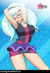 Size: 678x1000 | Tagged: safe, artist:clouddg, character:sugarcoat, equestria girls:dance magic, g4, my little pony: equestria girls, my little pony:equestria girls, spoiler:eqg specials, arm behind head, armpits, breasts, busty sugarcoat, clothing, female, glasses, human coloration, looking at you, open mouth, solo