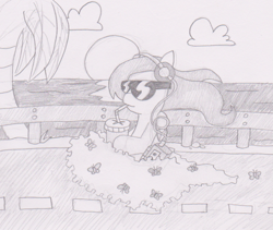 Size: 923x779 | Tagged: safe, artist:threetwotwo32232, character:fluttershy, species:pegasus, species:pony, newbie artist training grounds, butterfly, cassette player, drink, female, headphones, mare, monochrome, pencil drawing, road, solo, sunglasses, traditional art