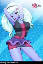 Size: 678x1000 | Tagged: safe, artist:clouddg, character:sugarcoat, equestria girls:dance magic, g4, my little pony: equestria girls, my little pony:equestria girls, spoiler:eqg specials, arm behind head, armpits, breasts, busty sugarcoat, clothing, female, looking at you, open mouth, solo