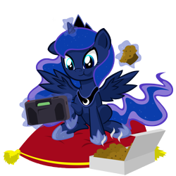 Size: 5000x5000 | Tagged: safe, artist:danmakuman, character:princess luna, gamer luna, absurd resolution, cute, female, food, lunabetes, muffin, pillow, simple background, sitting, solo, transparent background, vector