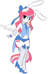 Size: 2932x4464 | Tagged: safe, artist:wickedsilly, patreon reward, oc, oc only, oc:nekonin, species:alicorn, species:anthro, species:pony, species:unguligrade anthro, alicorn oc, anthro oc, belly button, bunny ears, clothing, crossover, femboy, high heels, male, necktie, ro-kyu-bu!, shoes, simple background, smiling, solo, vest