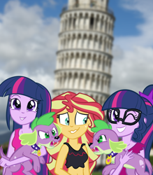 Size: 900x1027 | Tagged: safe, artist:wubcakeva, character:spike, character:spike (dog), character:sunset shimmer, character:twilight sparkle, character:twilight sparkle (scitwi), species:dog, species:eqg human, my little pony:equestria girls, barking, clothing, female, glasses, irl, italy, leaning tower of pisa, looking at you, one eye closed, photo, spike the dog, tank top, tower, twolight, wink