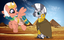 Size: 1920x1200 | Tagged: safe, artist:3d4d, artist:brony-works, artist:jhayarr23, character:somnambula, character:zecora, species:pegasus, species:pony, species:zebra, g4, clothing, egypt, egyptian, glowpaz, open mouth, pyramids of giza