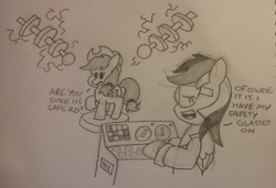 Size: 2768x1892 | Tagged: safe, artist:threetwotwo32232, character:applejack, character:rainbow dash, newbie artist training grounds, clothing, lab coat, monochrome, pencil drawing, safety goggles, science, text, traditional art