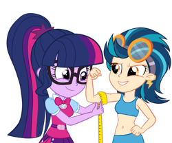 Size: 979x816 | Tagged: safe, artist:wubcakeva, character:indigo zap, character:twilight sparkle, character:twilight sparkle (scitwi), species:eqg human, my little pony:equestria girls, belly button, bicep, clothing, commission, ear piercing, earring, female, flexing, glasses, goggles, jewelry, measuring tape, midriff, muscles, piercing, simple background, skirt, sports bra, sports shorts, transparent background