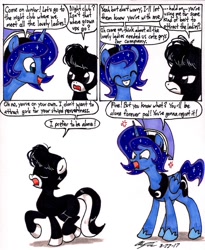 Size: 1394x1702 | Tagged: safe, artist:newyorkx3, character:princess luna, oc, oc:tommy junior, species:alicorn, species:earth pony, species:pony, artemabetes, colt, comic, cute, dialogue, male, prince artemis, rule 63, rule63betes, smiling, speech bubble, traditional art
