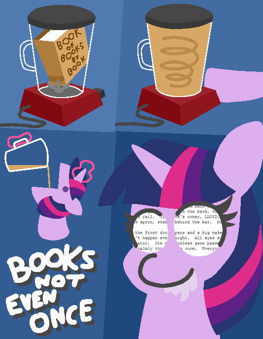 Size: 534x688 | Tagged: safe, artist:threetwotwo32232, character:twilight sparkle, species:pony, newbie artist training grounds, animated, blender (object), blue background, book, bookhorse, comic, drinking, drool, female, gif, levitation, magic, mare, not even once, open mouth, shaking, simple background, smiling, solo, telekinesis, terminator 2, text, that pony sure does love books, tl;dr, wat
