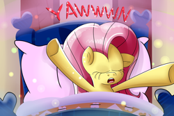 Size: 1280x853 | Tagged: safe, artist:extradan, character:fluttershy, morning, yawn