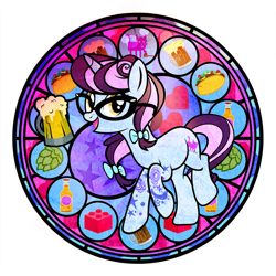 Size: 1024x1024 | Tagged: safe, artist:pixelkitties, oc, oc only, oc:pixelkitties, species:pony, species:unicorn, alcohol, beer, food, glasses, hops, lego, looking at you, open mouth, solo, stained glass, taco
