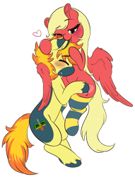 Size: 3581x4686 | Tagged: safe, artist:wickedsilly, oc, oc only, oc:melodis, oc:yaktan, species:pegasus, species:pony, blushing, clothing, female, male, mare, melotan, nibbling, oc x oc, shipping, simple background, socks, stallion, straight, striped socks, white background