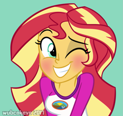 Size: 781x738 | Tagged: safe, artist:wubcakeva, character:sunset shimmer, equestria girls:legend of everfree, g4, my little pony: equestria girls, my little pony:equestria girls, blushing, camp everfree outfits, clothing, cute, female, one eye closed, shimmerbetes, smiling, solo, wink