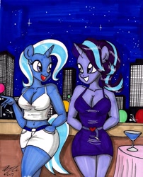 Size: 1364x1685 | Tagged: safe, artist:newyorkx3, character:starlight glimmer, character:trixie, species:anthro, species:pony, species:unicorn, belly button, breasts, busty starlight glimmer, busty trixie, city, cleavage, clothing, dress, drink, female, looking at each other, mare, midriff, night, smiling, traditional art