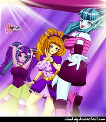 Size: 1739x2000 | Tagged: safe, artist:clouddg, character:adagio dazzle, character:aria blaze, character:sonata dusk, equestria girls:rainbow rocks, g4, my little pony: equestria girls, my little pony:equestria girls, arm behind head, armpits, breasts, busty adagio dazzle, busty aria blaze, busty sonata dusk, clothing, gem, group, looking at you, open mouth, rainbow rocks outfit, signature, siren gem, smiling, trio