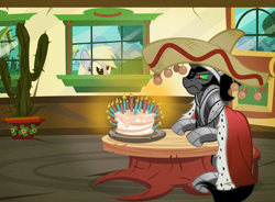 Size: 1200x881 | Tagged: safe, artist:pixelkitties, character:derpy hooves, character:king sombra, species:pegasus, species:pony, g4, cactus, cake, female, frown, king sombrero, male, mare, profile, sitting, sombrero, stallion, the emperor's new groove