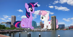 Size: 2925x1500 | Tagged: safe, artist:reginault, artist:slb94, artist:theotterpony, character:sweetie belle, character:twilight sparkle, character:twilight sparkle (alicorn), species:alicorn, species:pony, baltimare, baltimore, city, giant pony, highrise ponies, irl, macro, maryland, mega twilight sparkle, open mouth, photo, ponies in real life, raised hoof, sitting, story in the source