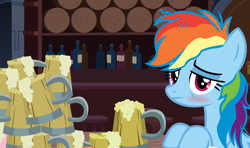 Size: 2860x1698 | Tagged: safe, artist:slb94, character:rainbow dash, species:pegasus, species:pony, alcohol, alcoholism, alternate hairstyle, bar, blushing, cider, dashaholic, drunk, drunker dash, female, lidded eyes, looking at you, mare, messy mane, sad, show accurate, tired