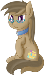 Size: 1135x1915 | Tagged: safe, artist:djdavid98, oc, oc only, oc:dawnsong, species:earth pony, species:pony, collar, female, glasses, mare, raised hoof, shading, shading practice, simple background, sitting, soft shading, solo, transparent background