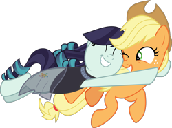 Size: 4836x3591 | Tagged: safe, artist:jhayarr23, character:applejack, character:coloratura, species:earth pony, species:pony, ship:rarajack, cute, duo, female, glomp, jackabetes, lesbian, mare, rarabetes, shipping, simple background, smiling, transparent background