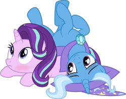 Size: 2600x2036 | Tagged: safe, artist:slb94, character:starlight glimmer, character:trixie, species:pony, species:unicorn, ship:startrix, episode:to change a changeling, g4, my little pony: friendship is magic, behaving like a cat, blushing, female, high res, lesbian, lidded eyes, playful, pony pile, shipping, show accurate, simple background, surprised, transparent background, vector
