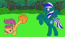 Size: 1280x725 | Tagged: safe, artist:linedraweer, character:scootaloo, oc, oc:blue star, species:pegasus, species:pony, ball, basketball, commission, forest, playing, rearing, sports