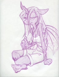 Size: 850x1100 | Tagged: safe, artist:trollie trollenberg, character:queen chrysalis, species:anthro, species:changeling, species:plantigrade anthro, barefoot, breasts, eyes closed, feet, female, headphones, ipod, monochrome, simple background, sitting, smiling, solo, traditional art