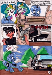Size: 1390x1989 | Tagged: safe, artist:newyorkx3, character:princess celestia, character:princess luna, oc, oc:tommy, species:alicorn, species:human, species:pony, comic:young days, car, comic, dialogue, female, male, mare, s1 luna, smoking, traditional art