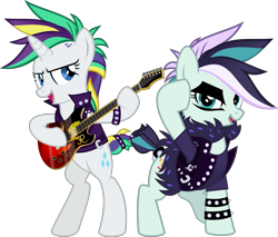 Size: 7095x6039 | Tagged: safe, artist:jhayarr23, character:coloratura, character:countess coloratura, character:rarity, ship:rarararara, episode:it isn't the mane thing about you, g4, my little pony: friendship is magic, absurd resolution, alternate costumes, alternate hairstyle, bipedal, clothing, electric guitar, guitar, open mouth, punk, punkity, simple background, transparent background
