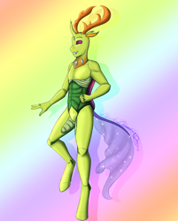 Size: 1024x1276 | Tagged: safe, artist:jc_bbqueen, character:thorax, species:anthro, species:changeling, species:reformed changeling, species:unguligrade anthro, barbie doll anatomy, featureless crotch, grin, looking at you, male, smiling, solo