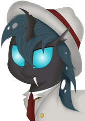 Size: 1250x1784 | Tagged: safe, artist:djdavid98, oc, oc only, oc:carbon copy, species:changeling, bust, changeling oc, clothing, hat, shading, simple background, soft shading, solo, transparent background