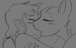 Size: 1403x888 | Tagged: safe, artist:dj-black-n-white, character:rainbow dash, oc, oc:cinnamon cider, parent:applejack, satyr, age difference, blushing, female, interspecies, kissing, lesbian, making out, monochrome, offspring