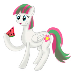 Size: 925x954 | Tagged: safe, artist:novaspark, character:blossomforth, species:pegasus, species:pony, female, mare, simple background, solo, watermelon, white background
