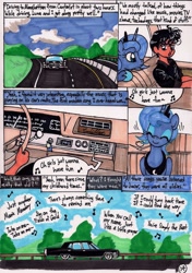 Size: 1394x1983 | Tagged: safe, artist:newyorkx3, character:princess luna, oc, oc:tommy, comic:young days, cadillac, car, comic, dialogue, music notes, s1 luna, traditional art
