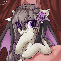 Size: 1000x1000 | Tagged: safe, artist:swaybat, oc, oc only, species:bat pony, species:pony, bat pony oc, bat wings, bust, cheek fluff, chest fluff, colored wings, covering mouth, digital art, ear fluff, eye clipping through hair, female, floppy ears, flower, flower in hair, happy, leg fluff, mare, signature, solo, spread wings, wing claws, wings